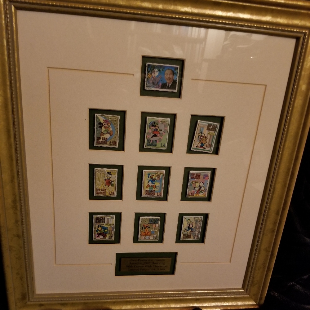 "Walt Disney's 10" First Production Postage Stamps framed